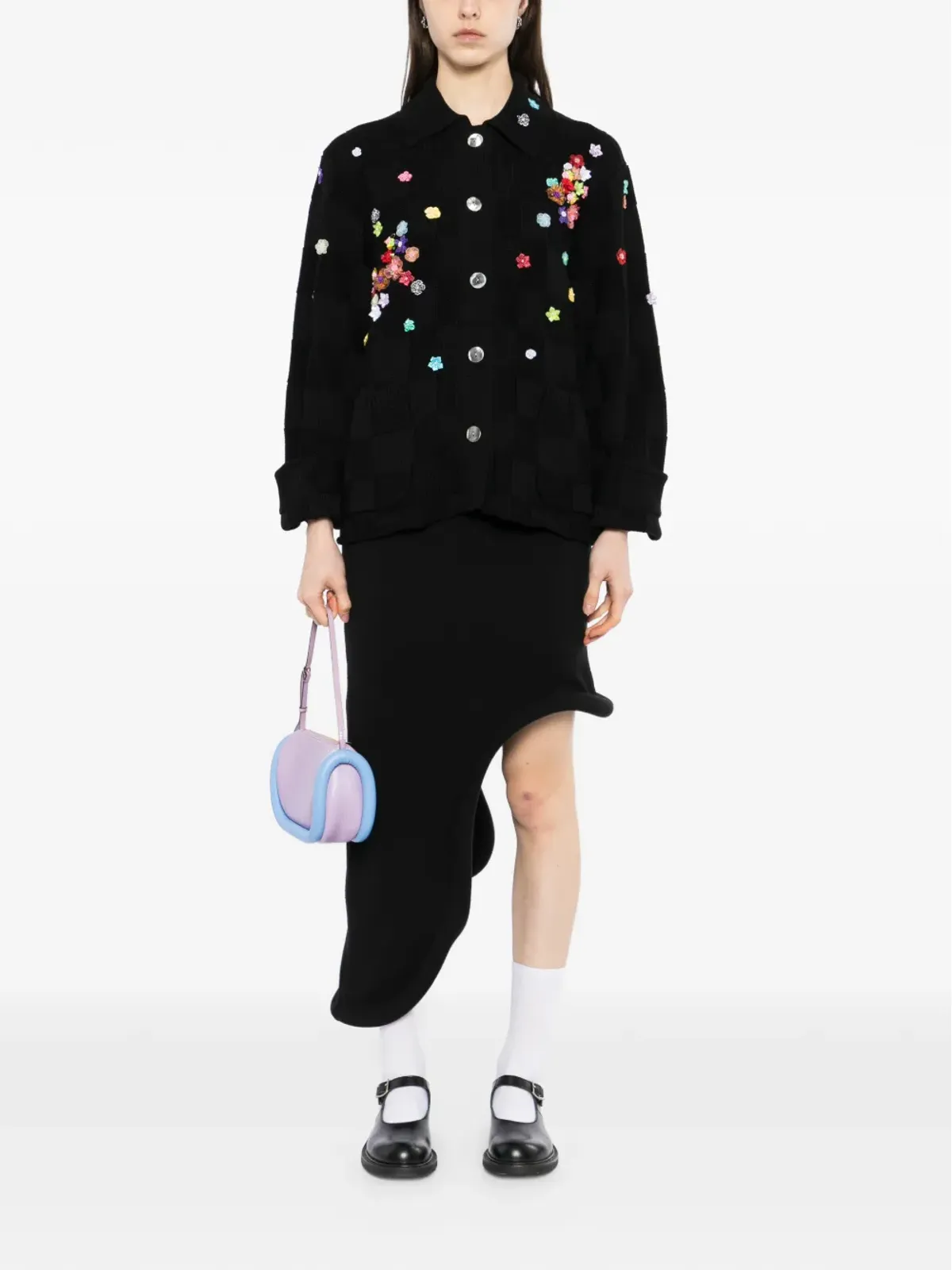 YANYAN KNITS floral-embellished check cardigan - Black - 画像2