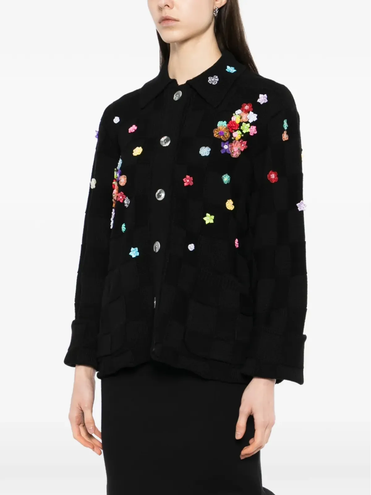 YANYAN KNITS floral-embellished check cardigan - Black - 画像3