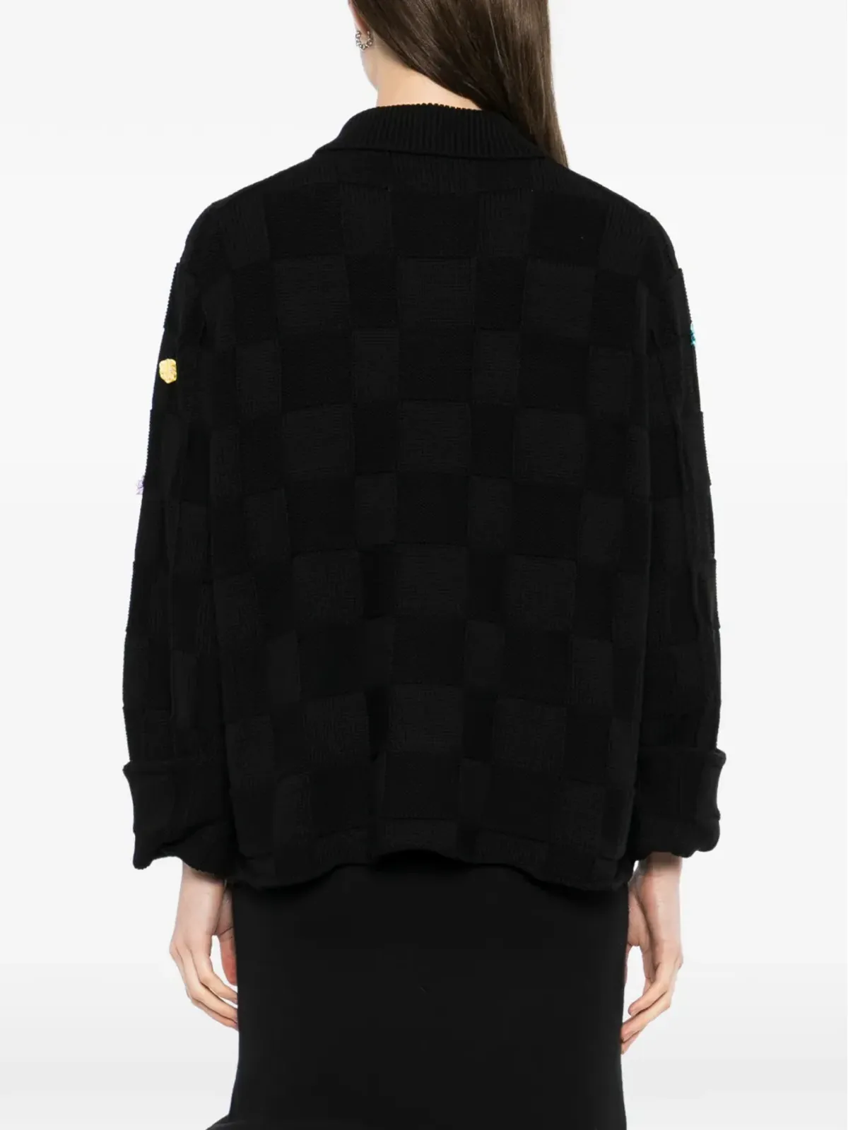 YANYAN KNITS floral-embellished check cardigan - Black - 画像4