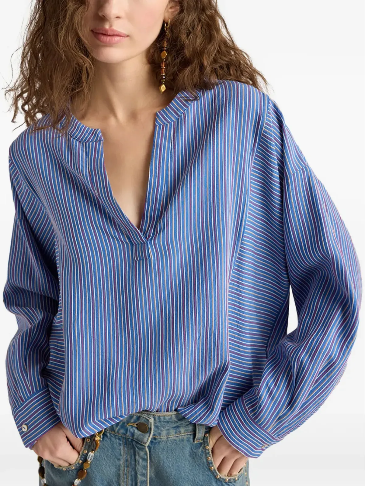 Momoni Prickly striped V-neck blouse - 画像4