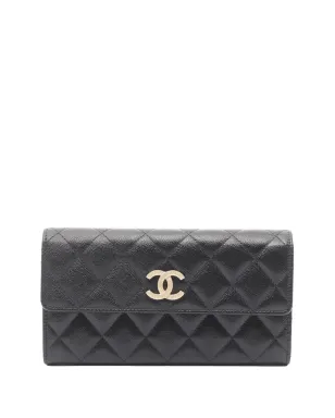 CHANEL Pre-Owned キルテッド キャビアレザー バイフォールド ロング ウォレット - ブラック - サムネイル1