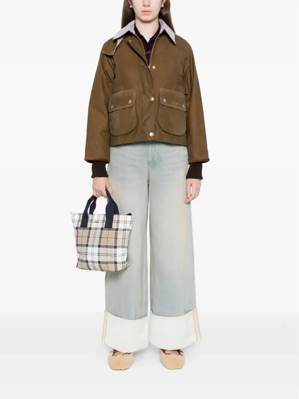 Barbour クロップド Beadnell コーデュロイ襟 ワックスドコットン ジャケット - 画像2