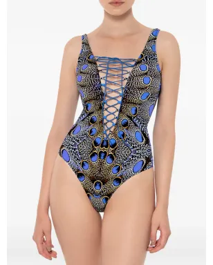 Noire Swimwear フェザー付きレースアップワンピース水着 - ブルー - サムネイル2