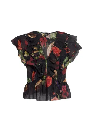 AllSaints Almaフリル付き花柄プリントブラウス - ブラック - サムネイル1