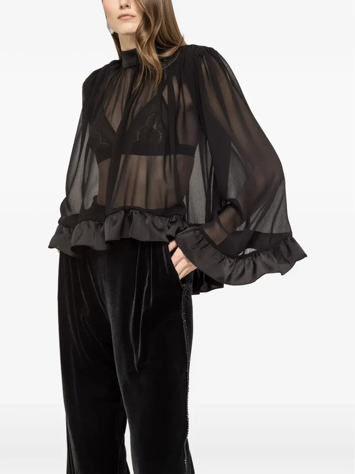 NISSA ruffle-trim chiffon top - Black - 画像1