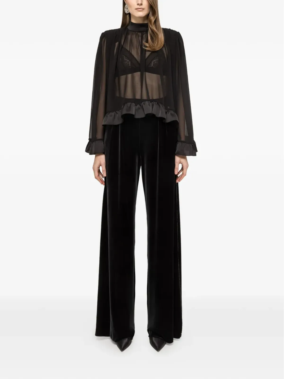 NISSA ruffle-trim chiffon top - Black - 画像2