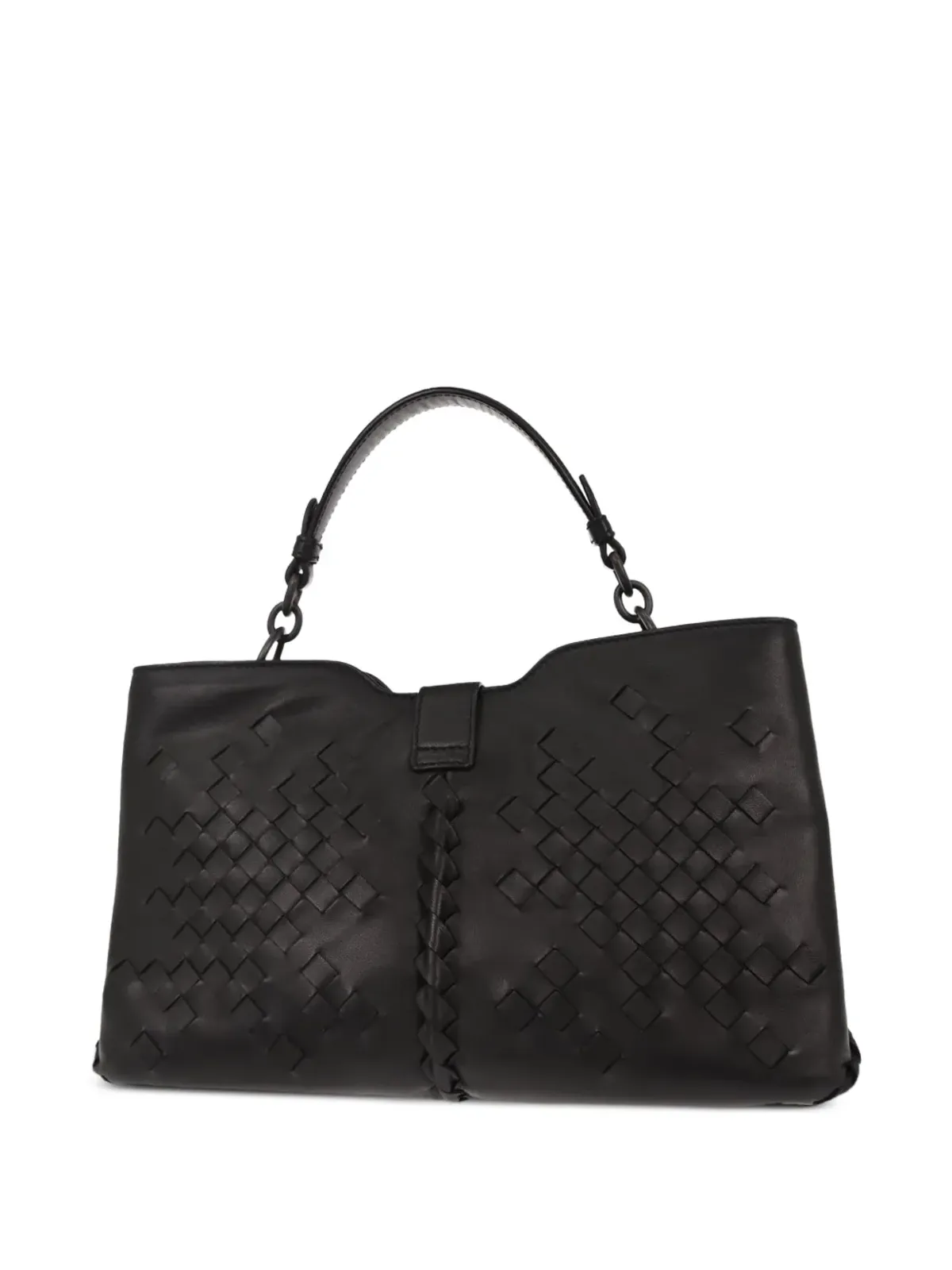 Bottega Veneta ビンテージ ナポリ サイン入り イントレチャート デザイン レザートートバッグ ブラック - 画像2