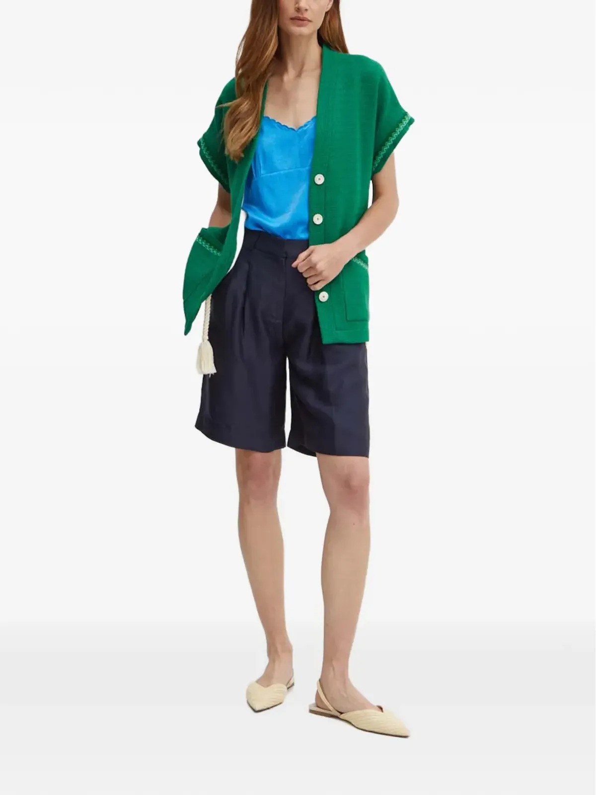 La Petite Française Verdict rope-belt V-neck cardigan - Green - 画像2