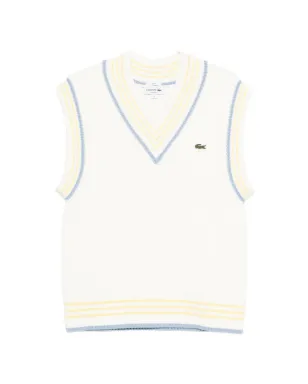 Lacoste ホワイトのVネックストライプ編みベスト - サムネイル1