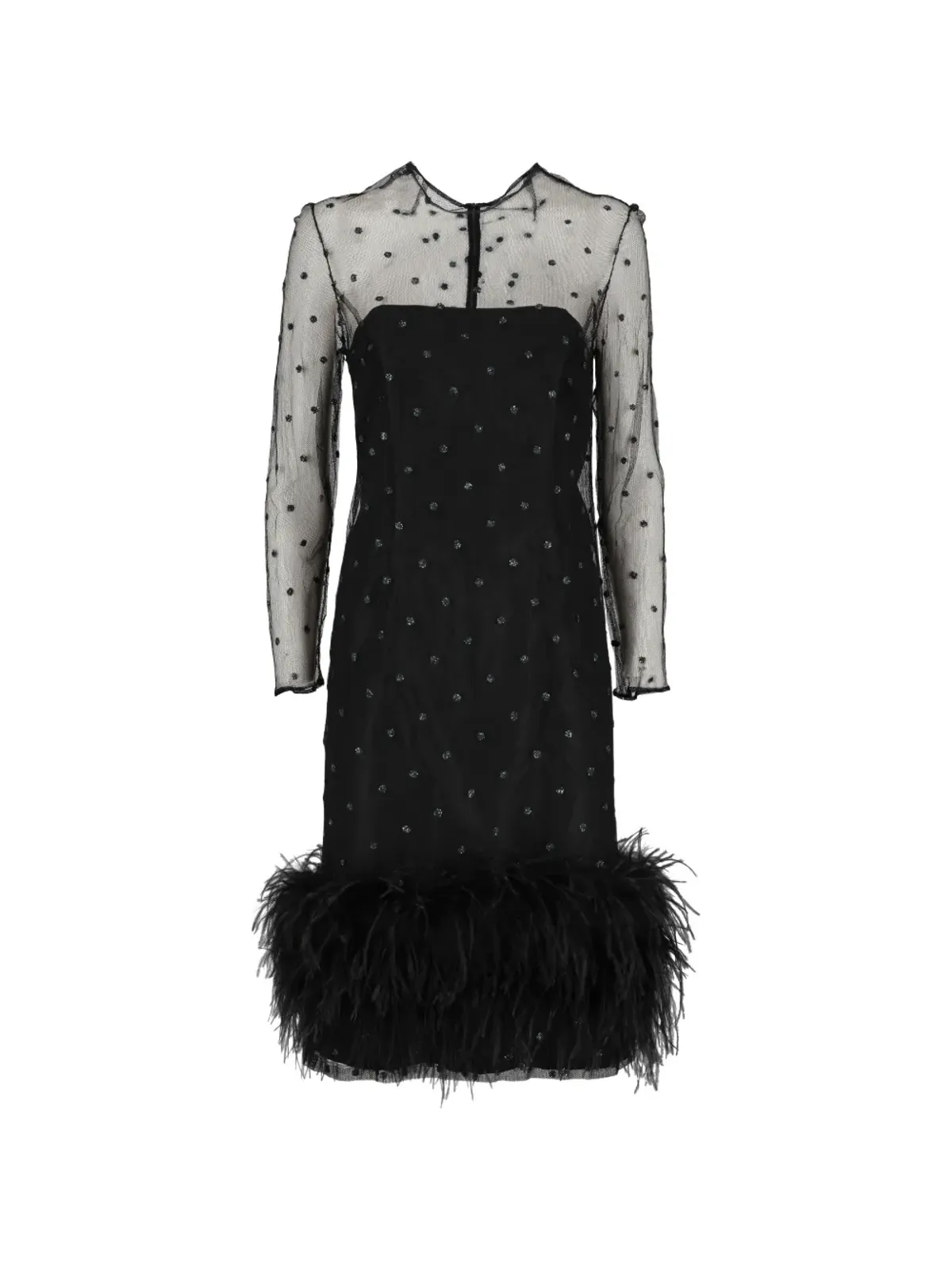 Vintage 黒の水玉柄フェザー付きドレス - 画像2