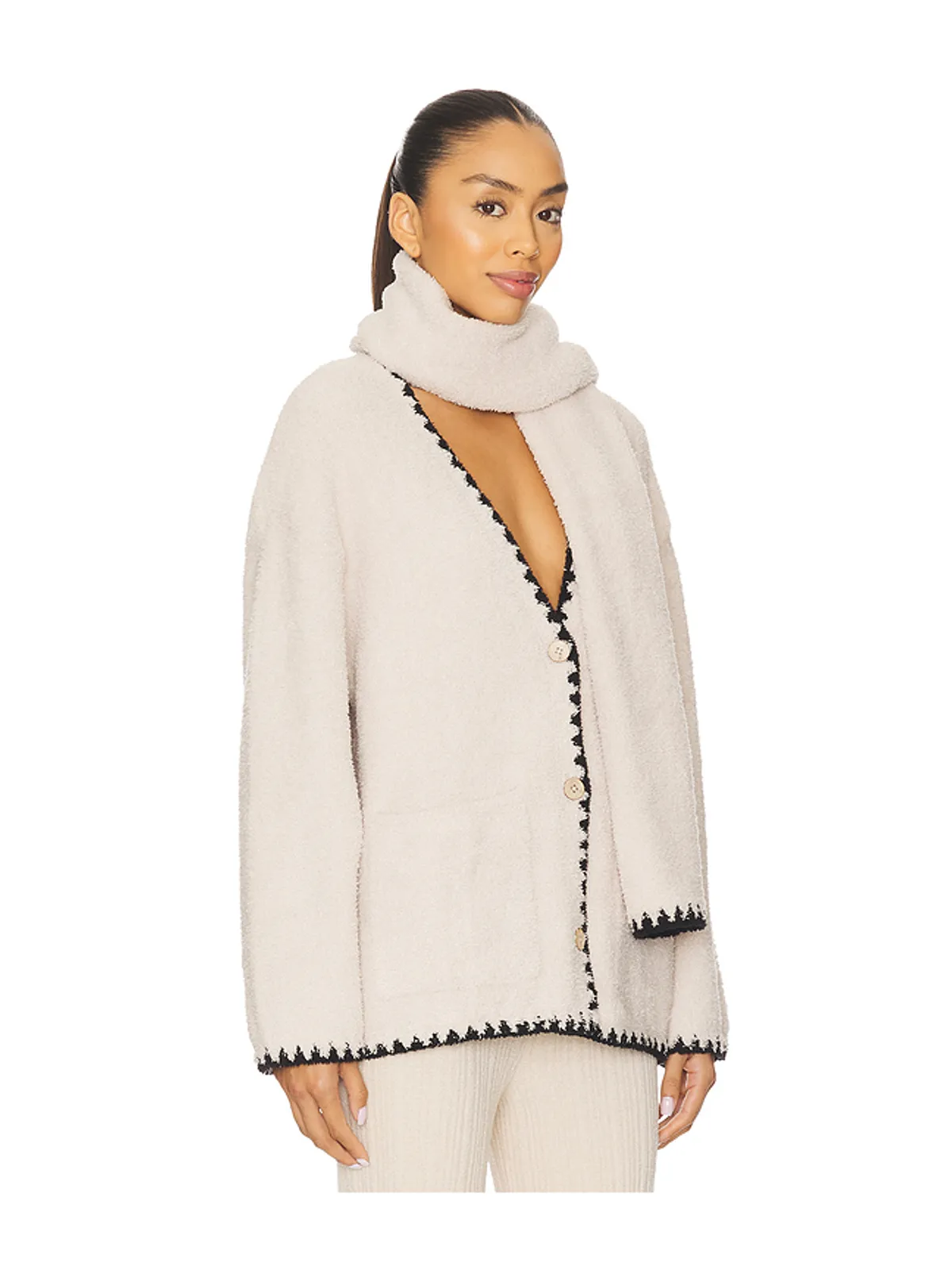 Barefoot Dreams COZYCHIC BLANKET STITCH CARDIGAN WITH DETACHABLE SCARF 取り外し可能なスカーフ付き コージーシック ブランケットステッチカーディガン - 画像2