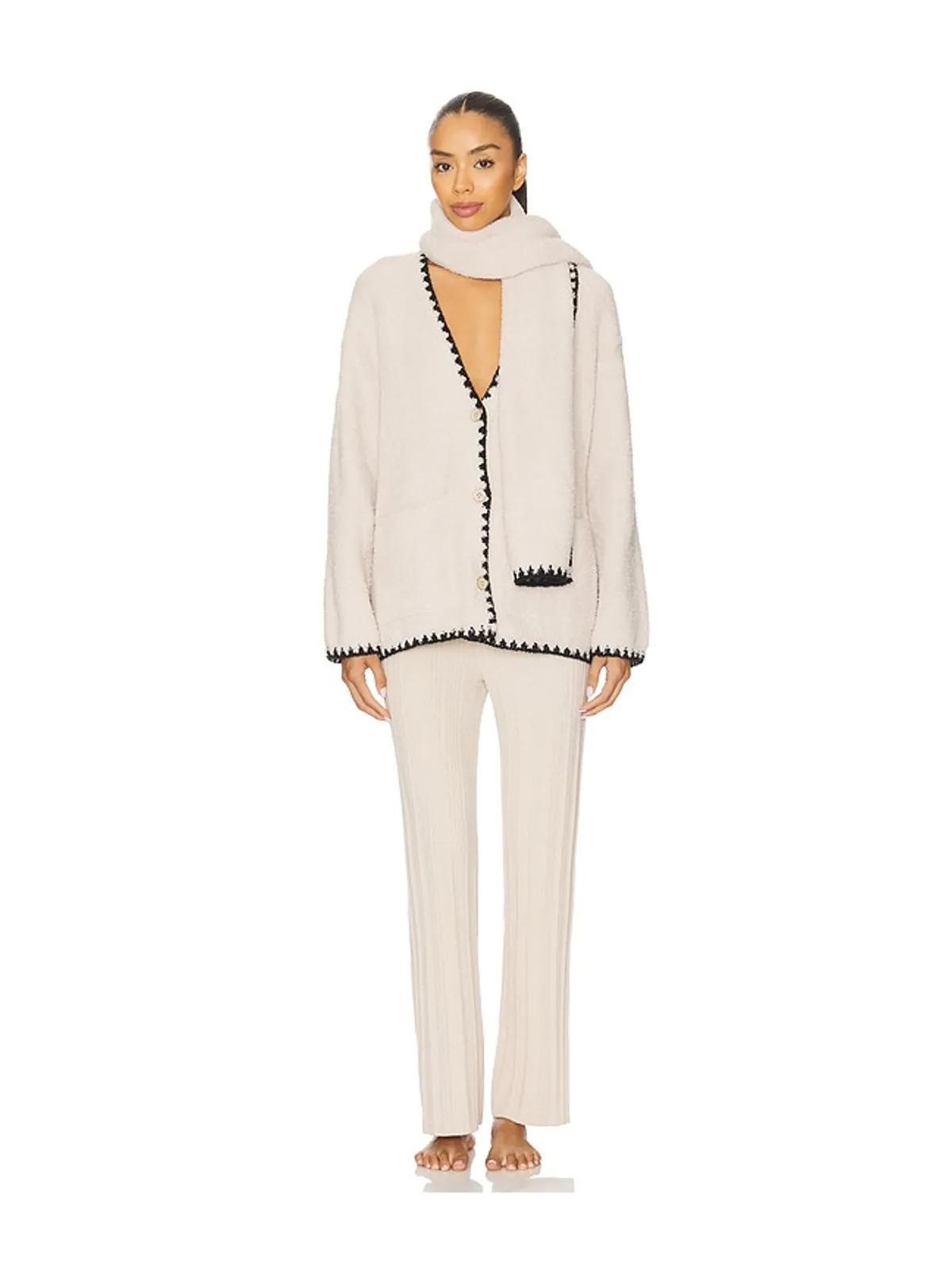 Barefoot Dreams COZYCHIC BLANKET STITCH CARDIGAN WITH DETACHABLE SCARF 取り外し可能なスカーフ付き コージーシック ブランケットステッチカーディガン - 画像4