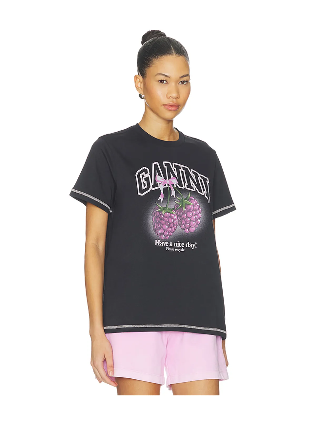 Ganni BASIC COTTON JERSEY RASPBERRY PRINT Tシャツ - 画像2