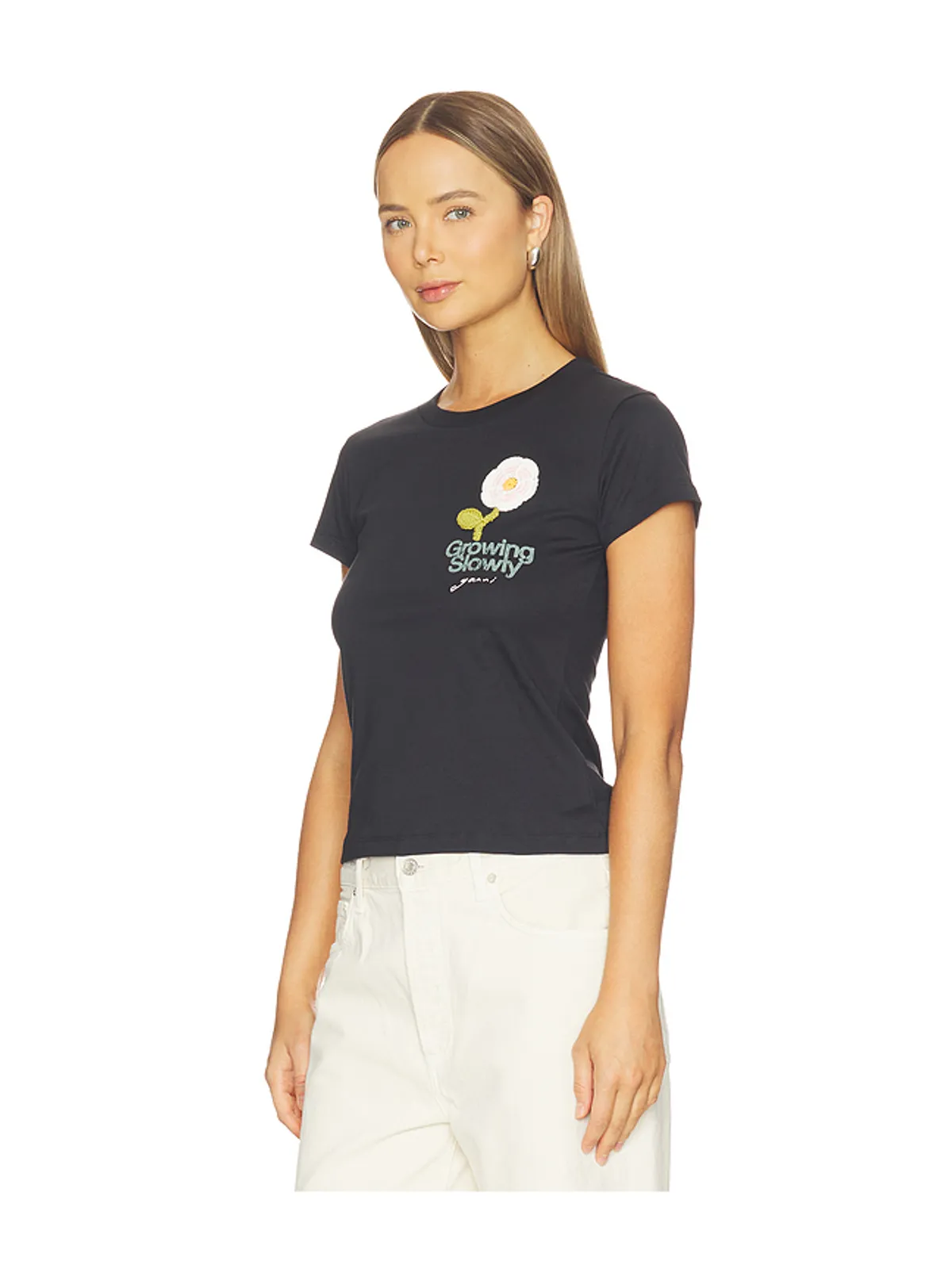 Ganni BASIC COTTON JERSEY BABY FIT CROCHET PATCH Tシャツ - 画像2