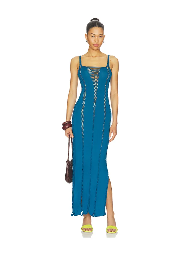 Indah Indah Soren Solid Maxi Slash Dress With Macrame Trimの商品画像