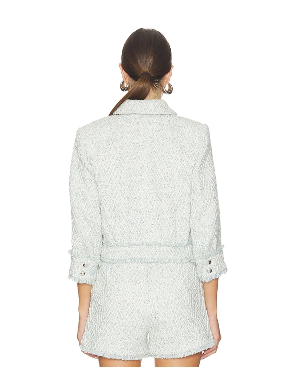 L'AGENCE JIA クロップド丈 七分袖 フリンジジャケット - Blue,Ivory. - 画像4