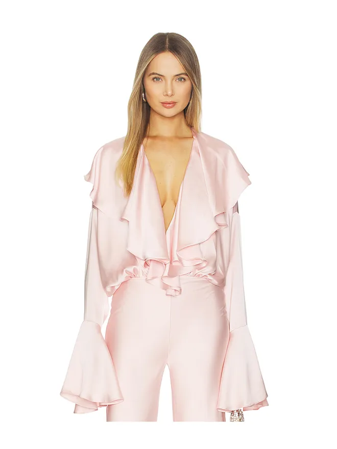 Norma Kamali Norma Kamali LONG SLEEVE DEEP V RUFFLE ボディスーツの商品画像