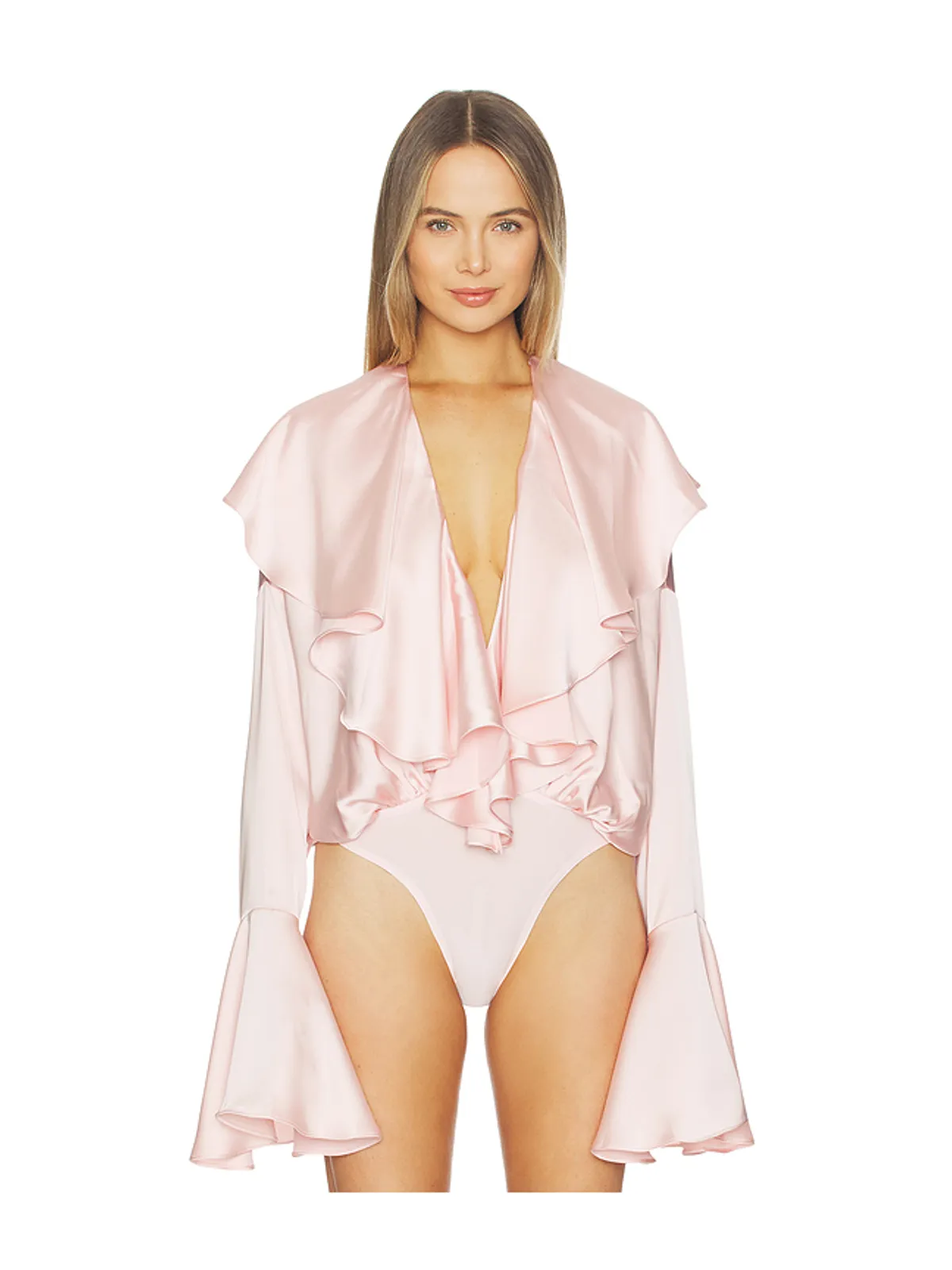 Norma Kamali LONG SLEEVE DEEP V RUFFLE ボディスーツ - 画像2