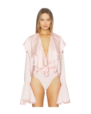 Norma Kamali LONG SLEEVE DEEP V RUFFLE ボディスーツ - サムネイル2