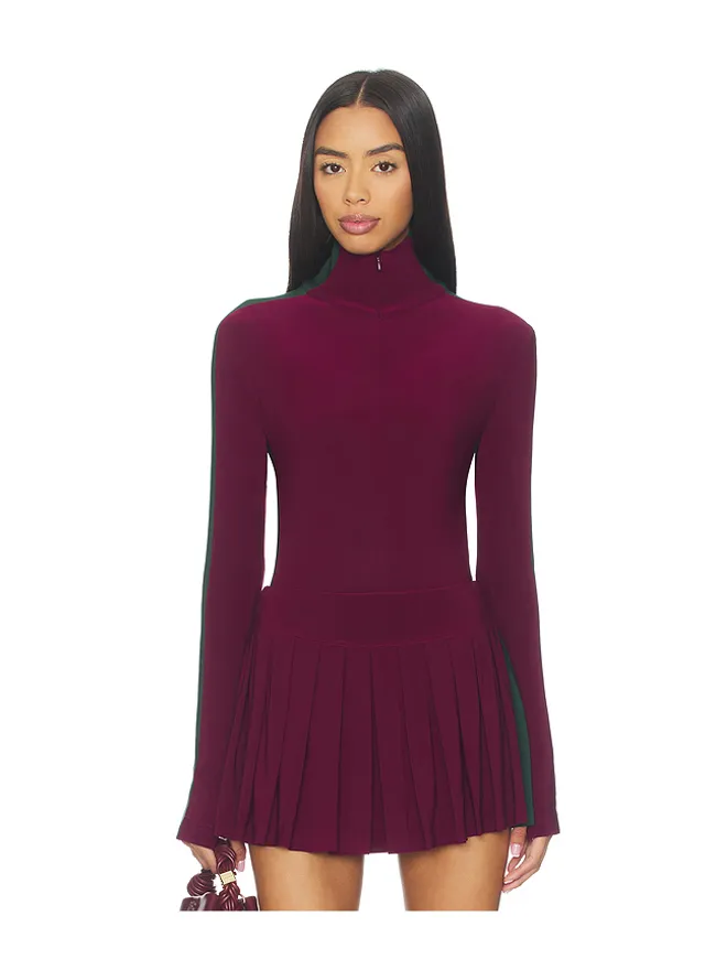 Norma Kamali Norma Kamali SIDE STRIPE ジップフロントタートルネックボディスーツ - Burgundy,Dark Green.の商品画像