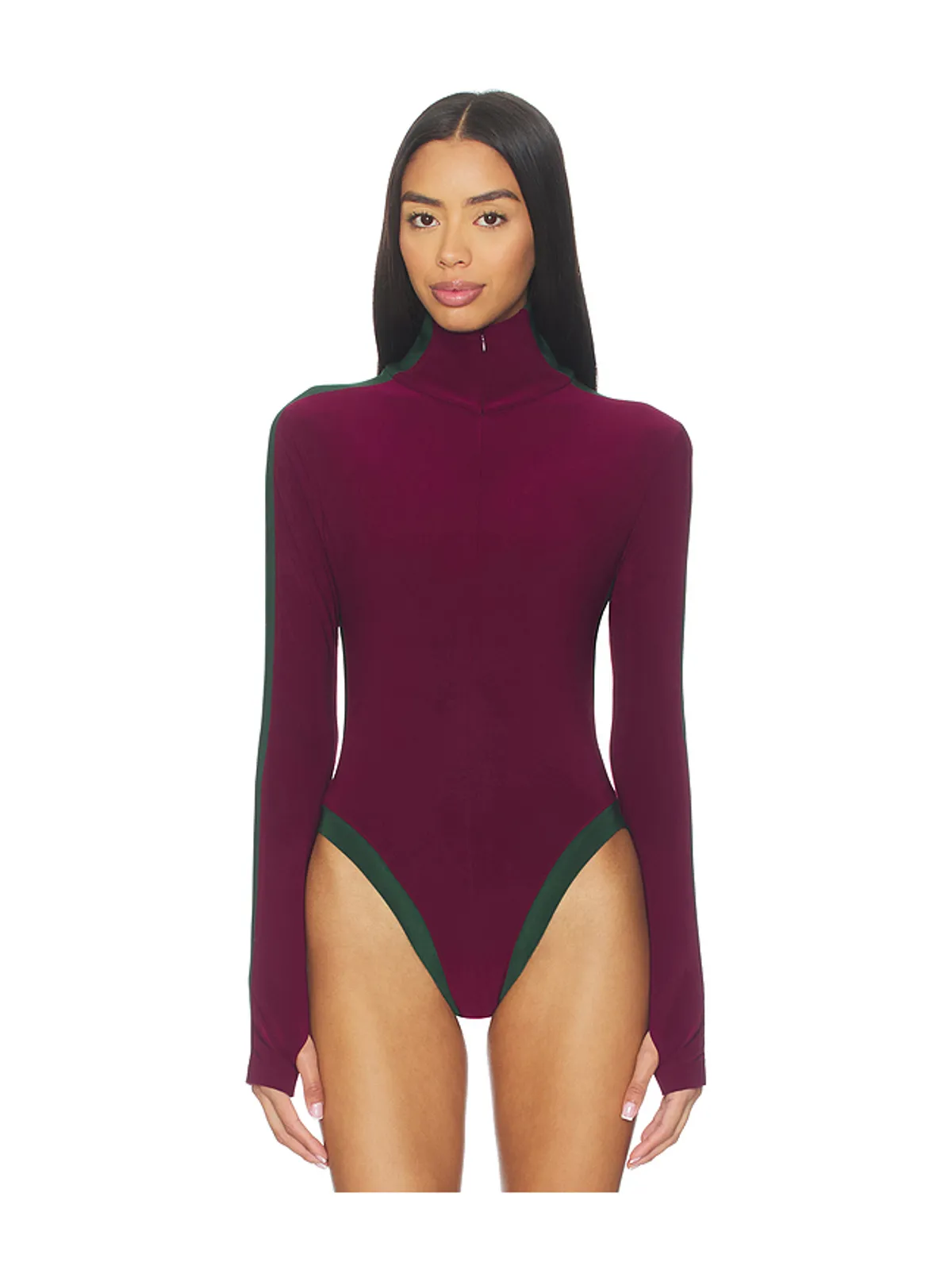 Norma Kamali SIDE STRIPE ジップフロントタートルネックボディスーツ - Burgundy,Dark Green. - 画像2