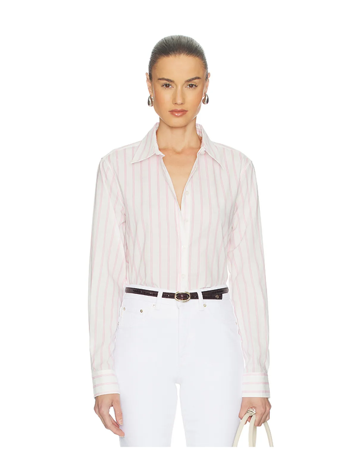 perfectwhitetee ポプリンスリムフィット ボタンダウンシャツ - White,Pink. - 画像1