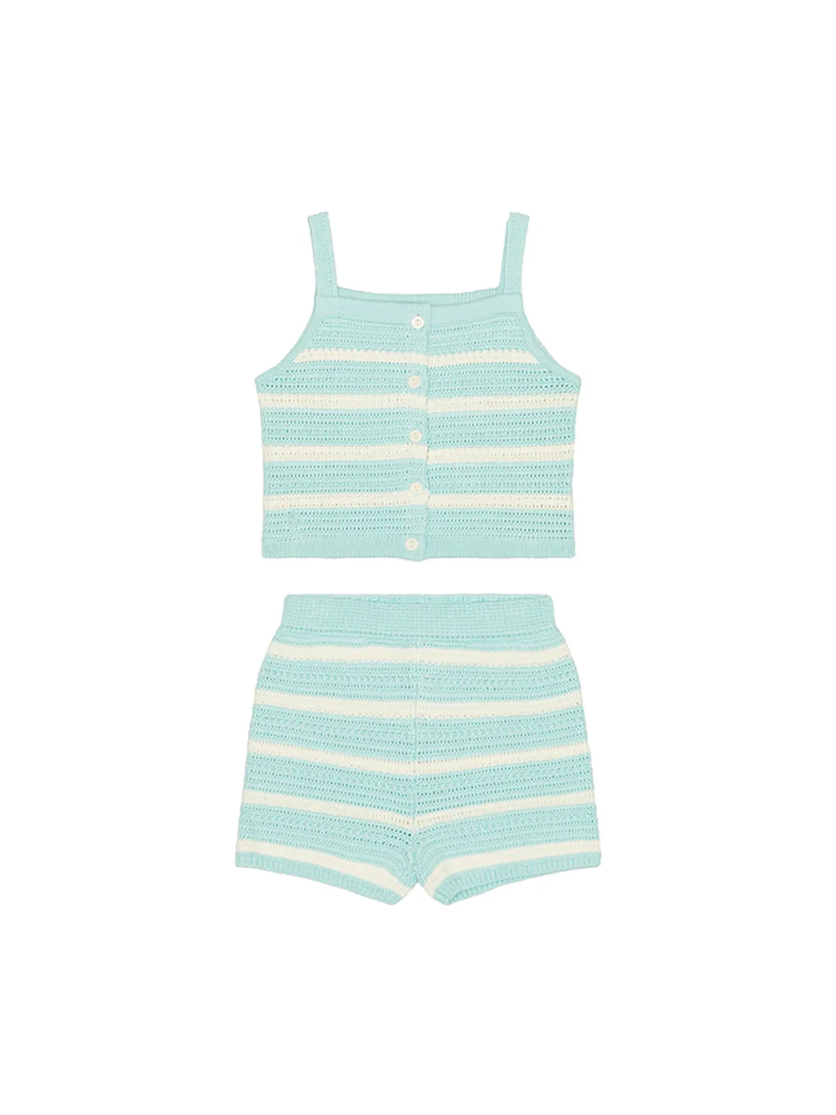 Polo Ralph Lauren Sleeveless Cotton Crochet Striped Shirt With Short - Baby Blue,White. - 画像1