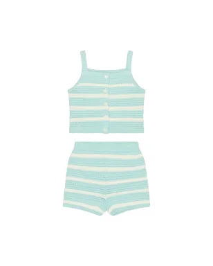 Polo Ralph Lauren Sleeveless Cotton Crochet Striped Shirt With Short - Baby Blue,White. - サムネイル1