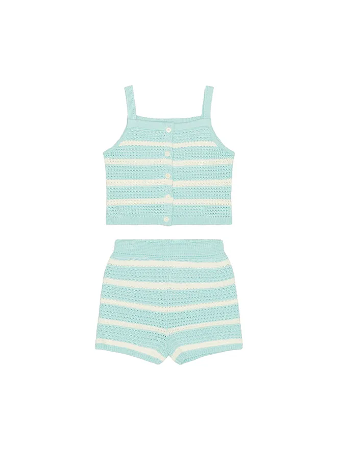 Polo Ralph Lauren Polo Ralph Lauren Sleeveless Cotton Crochet Striped Shirt With Short - Baby Blue,White.の商品画像