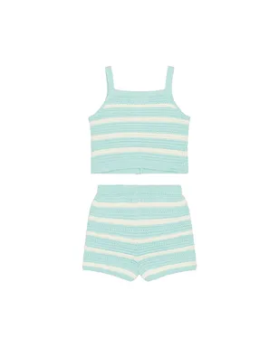 Polo Ralph Lauren Sleeveless Cotton Crochet Striped Shirt With Short - Baby Blue,White. - サムネイル2