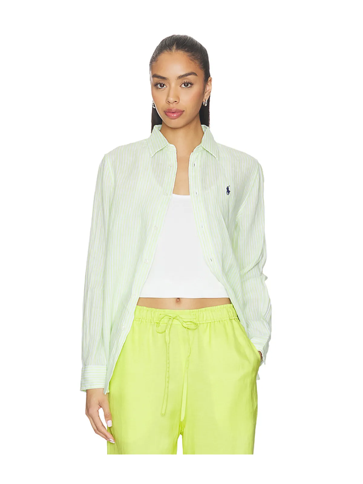Polo Ralph Lauren リネン長袖スポーツシャツ - Green,White. - 画像1