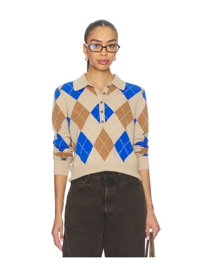 White & Warren White & Warren カシミヤアーガイル長袖ポロシャツ - Tan,Blue.の商品画像