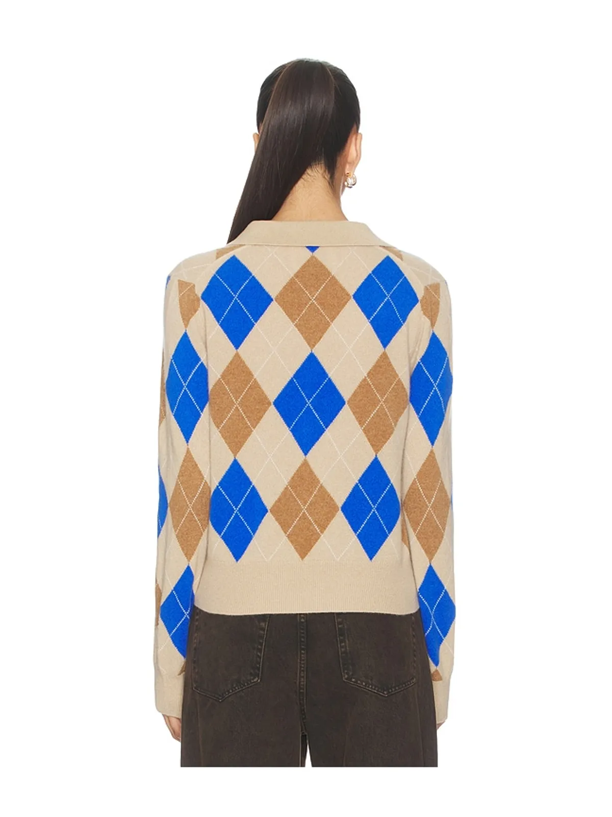 White & Warren カシミヤアーガイル長袖ポロシャツ - Tan,Blue. - 画像3