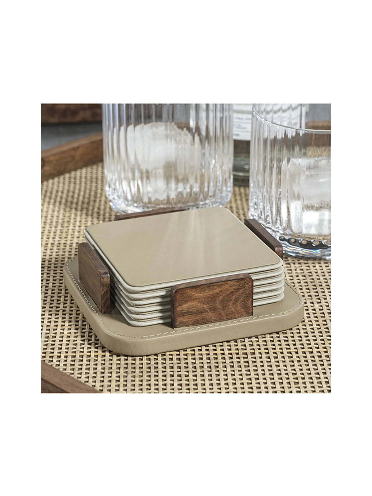 The Favorites SOTTO LEATHER WITH BURL VENEER COASTER SET OF 6 SOTTO レザー＆バールウッドコースター 6枚セット - 画像2