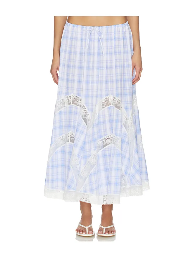 Yuhan Wang Yuhan Wang LACE TRIM CHECK MAXI スカート - Blue,White.の商品画像