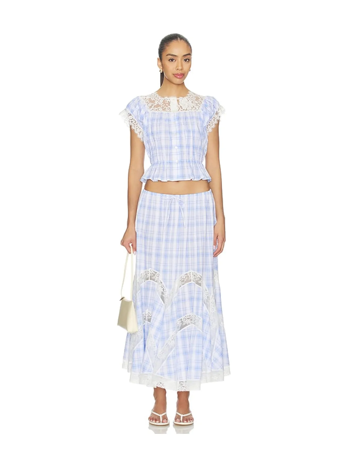 Yuhan Wang LACE TRIM CHECK MAXI スカート - Blue,White. - 画像5