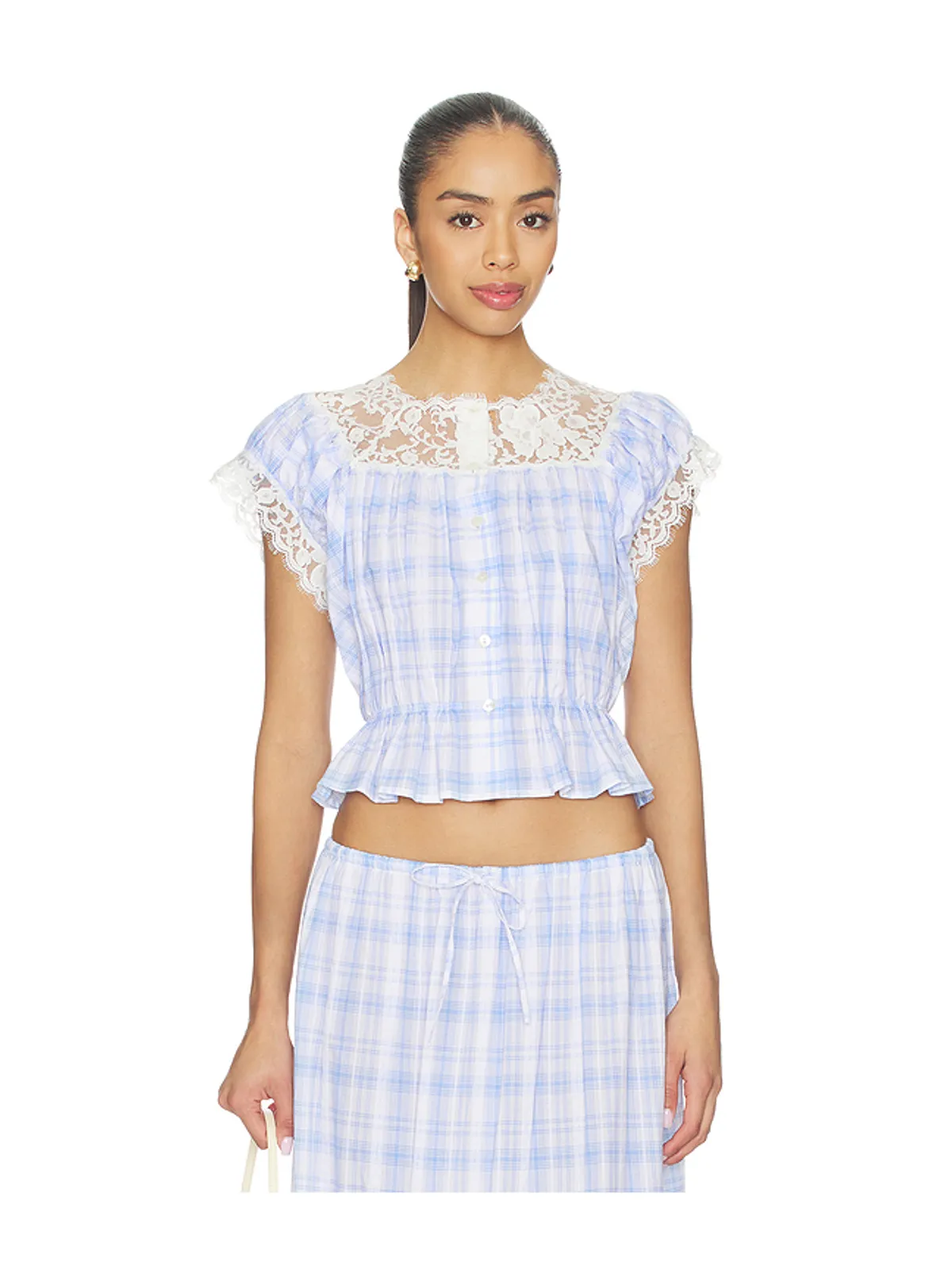 Yuhan Wang LACE TRIM BUTTON CHECK トップ - Blue,White. - 画像1