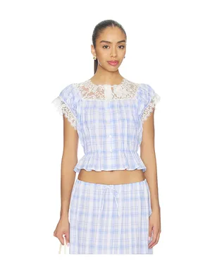 Yuhan Wang LACE TRIM BUTTON CHECK トップ - Blue,White. - サムネイル1