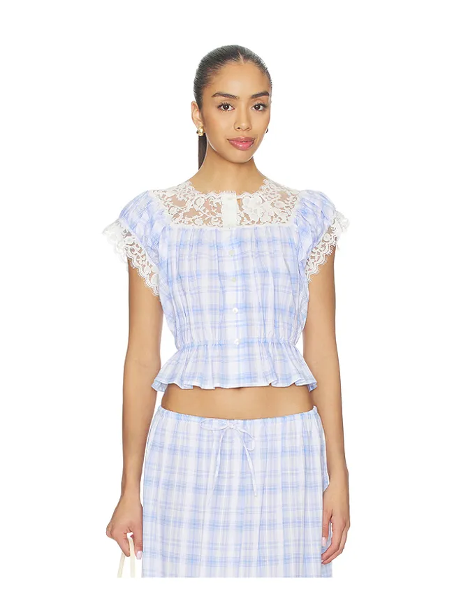 Yuhan Wang Yuhan Wang LACE TRIM BUTTON CHECK トップ - Blue,White.の商品画像