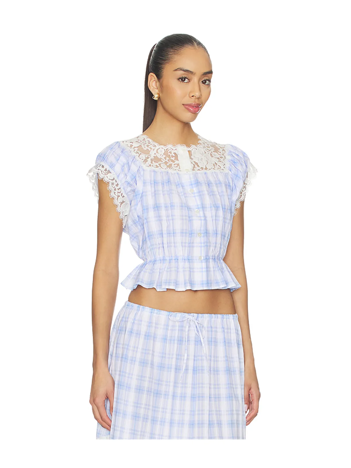 Yuhan Wang LACE TRIM BUTTON CHECK トップ - Blue,White. - 画像2