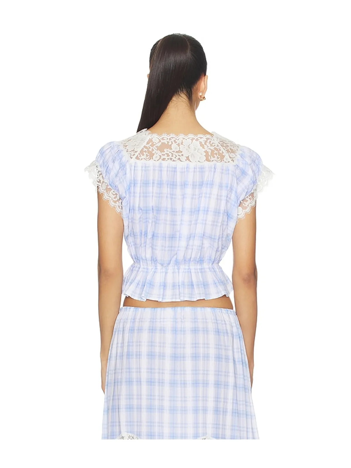 Yuhan Wang LACE TRIM BUTTON CHECK トップ - Blue,White. - 画像3
