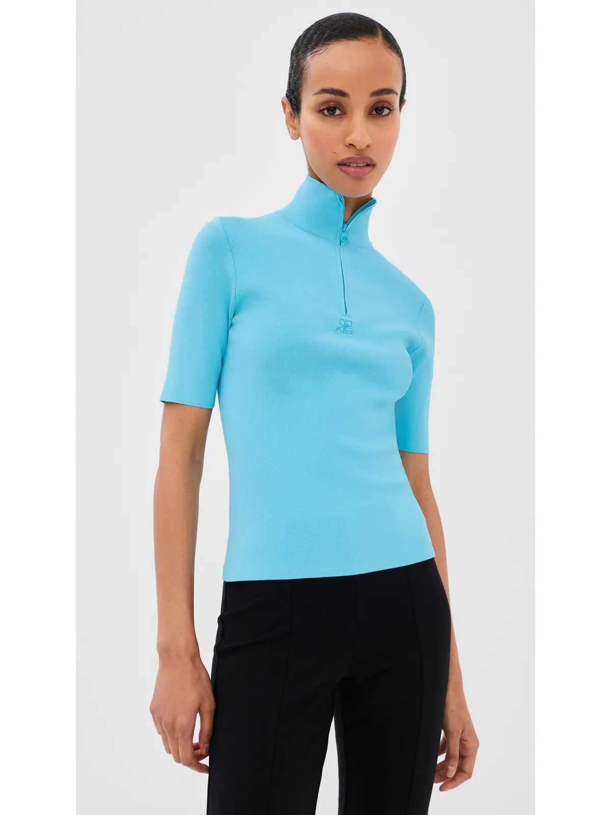 Courrèges ジップドモックネックニットトップ アクア - 画像2