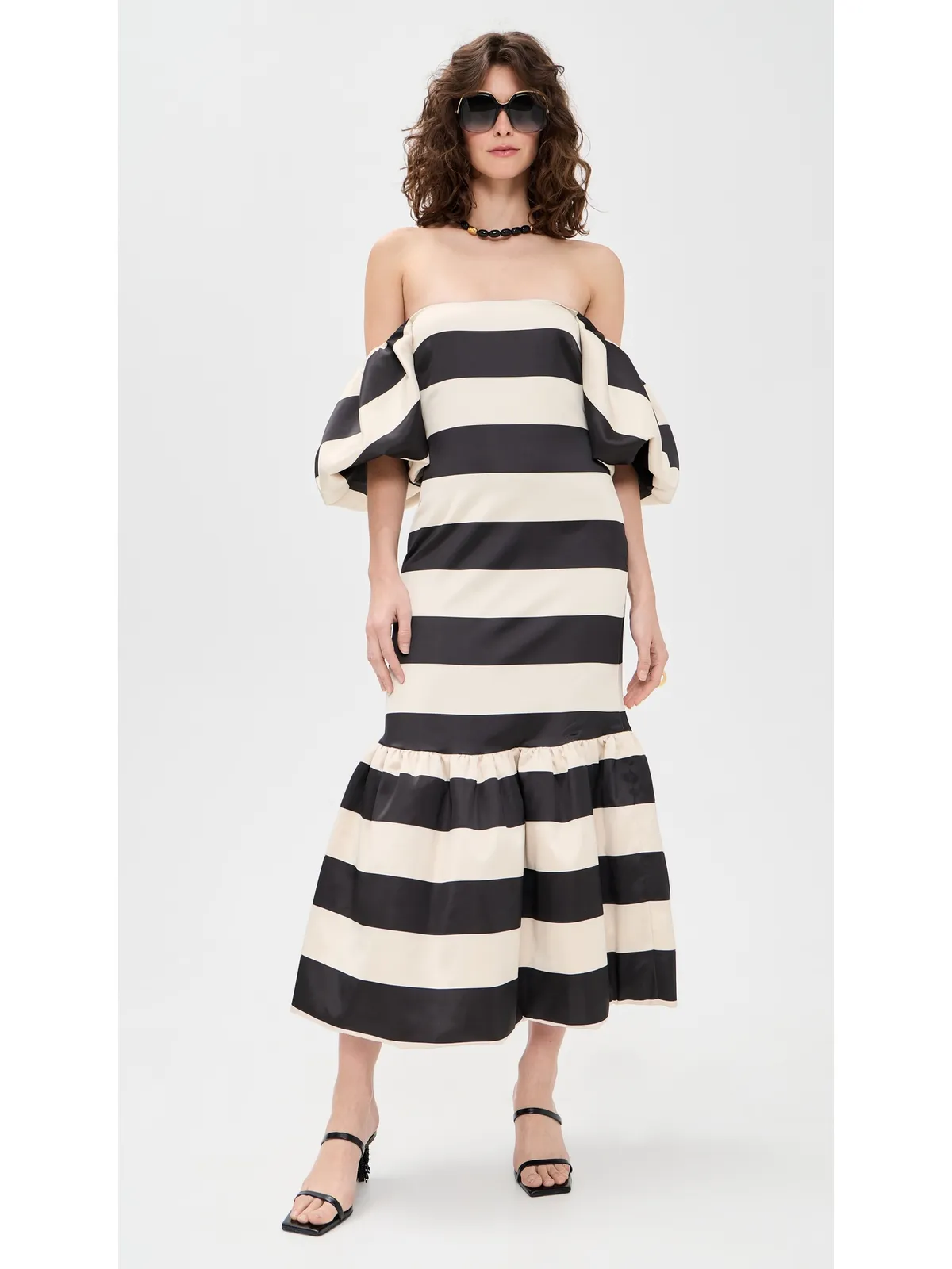 CAROLINE CONSTAS アンジェラ ガウン ブラックアイボリーストライプ - 画像5