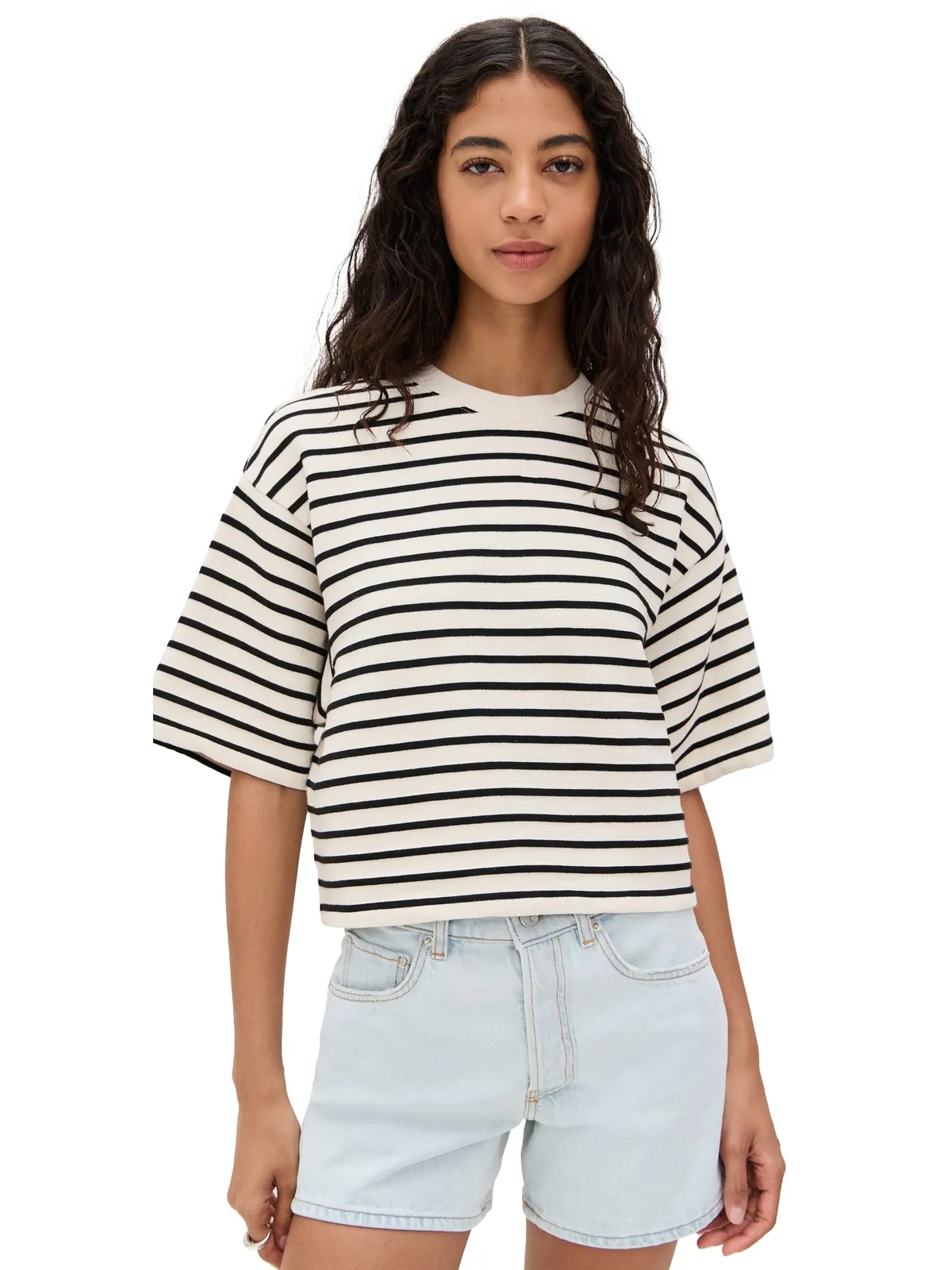 ANINE BING マイヤーズ クロップドTシャツ ブラックストライプ フレンチテリー サイズM - 画像1