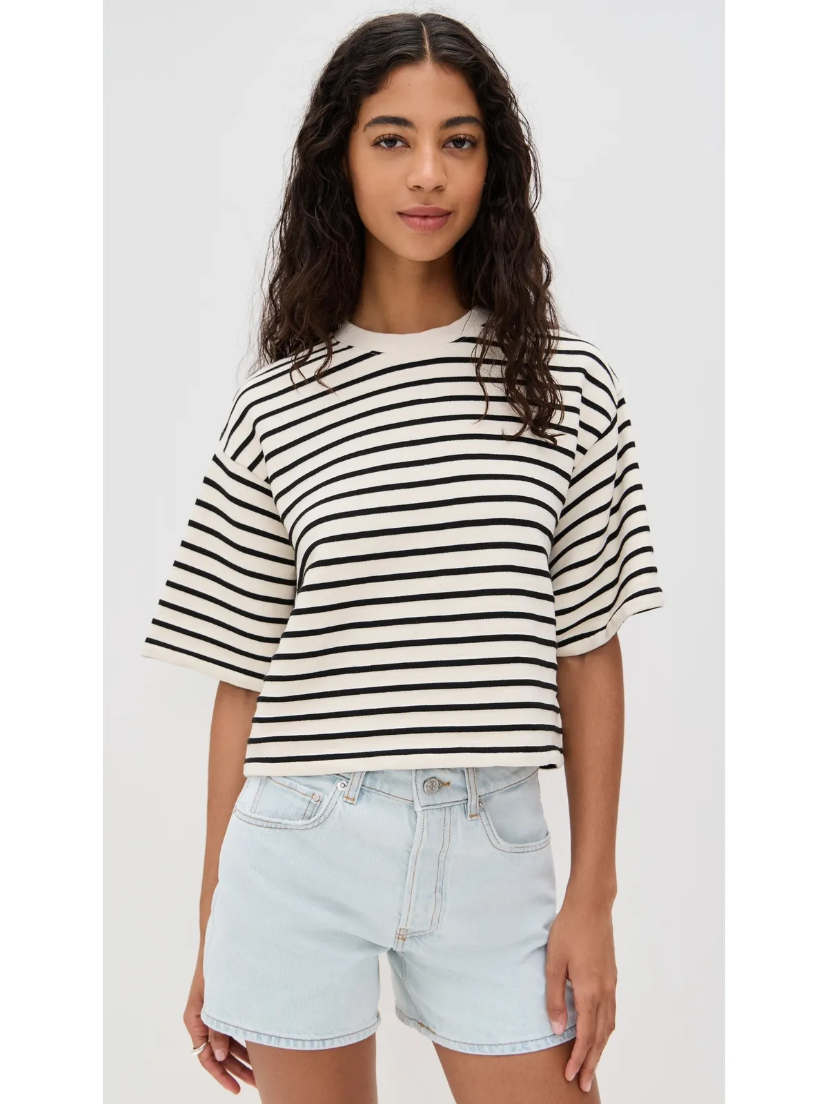 ANINE BING マイヤーズ クロップドTシャツ ブラックストライプ フレンチテリー サイズM - 画像2