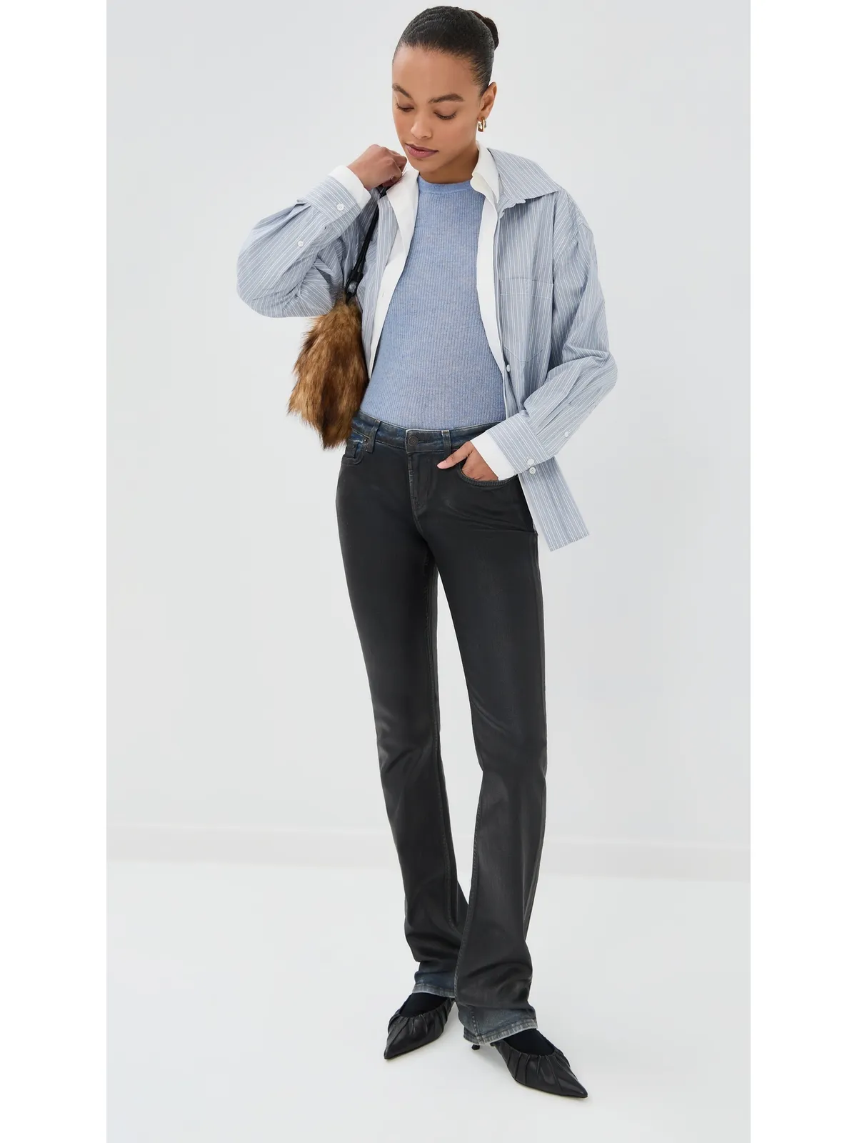 Acne Studios 2013 ストレッチ チャコール レザー仕上げパンツ ブラック - 画像2