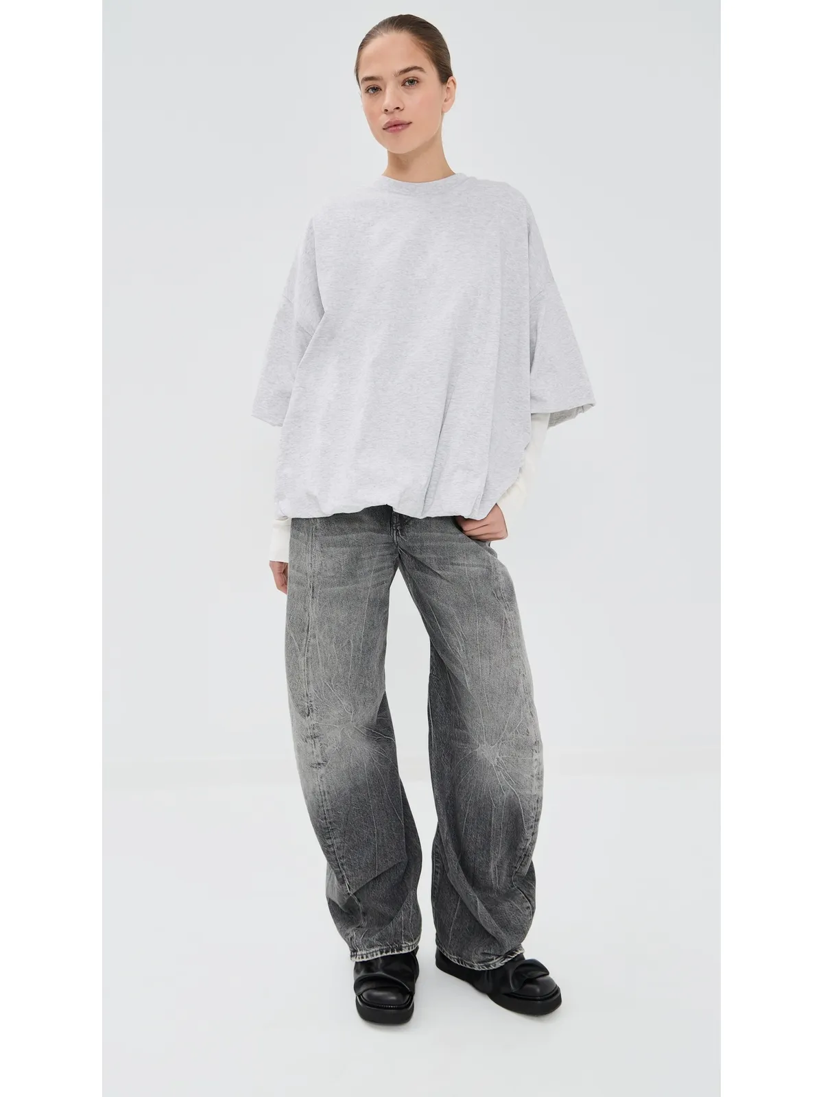 Acne Studios ギャザー入りロゴTシャツ グレー メランジ - 画像5