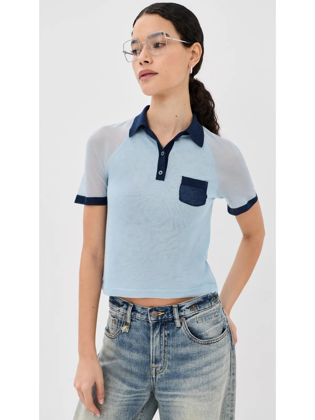 Acne Studios 透け感のあるポロセーター（ライトブルー／ネイビー） - 画像2