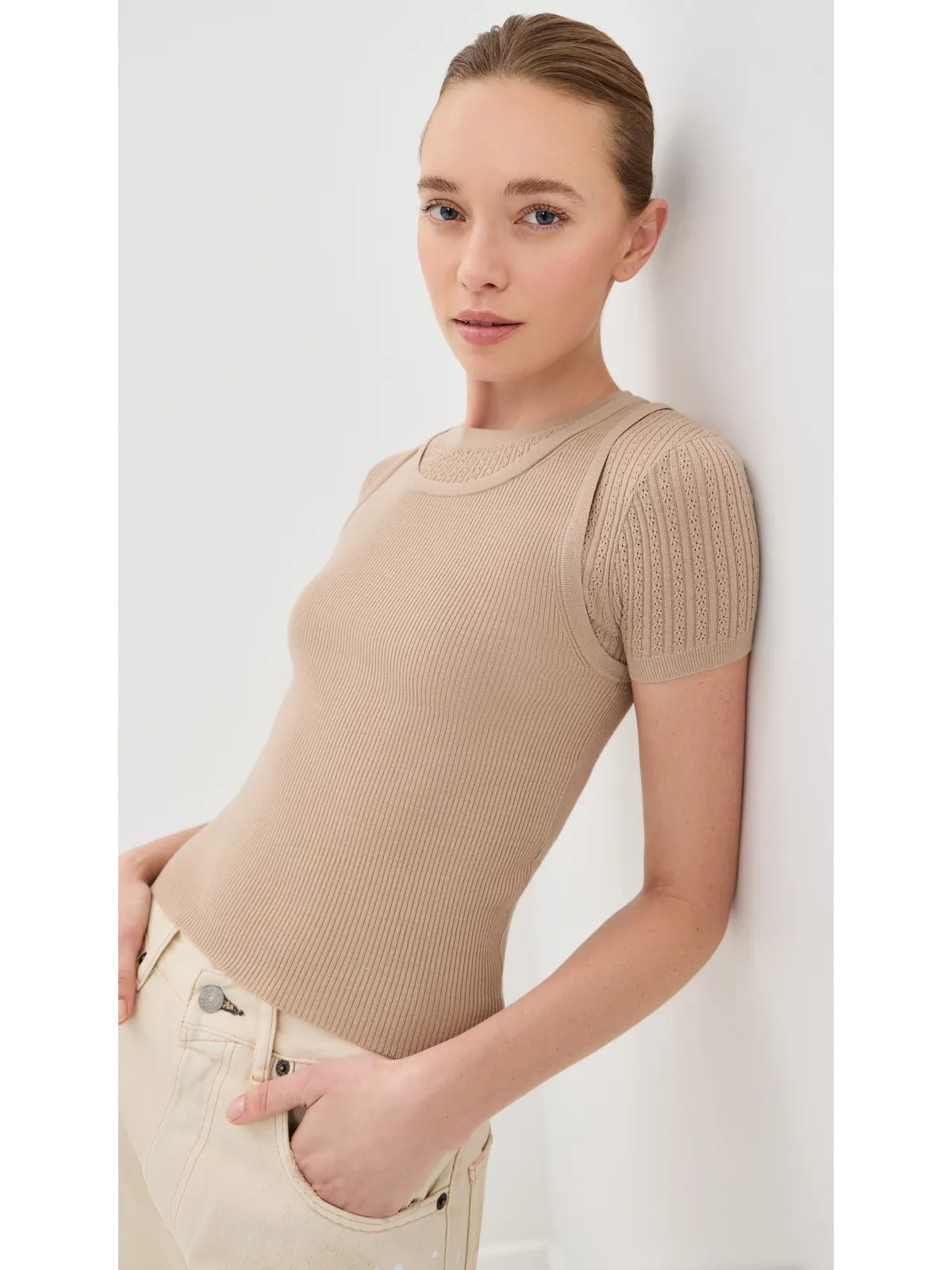 Acne Studios 薄手リブ編みTシャツ ベージュ - 画像2