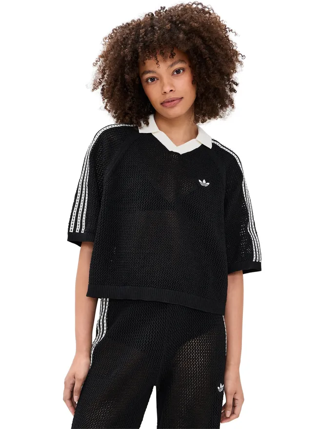 adidas adidas クロシェ編みポロシャツ ブラック XSの商品画像